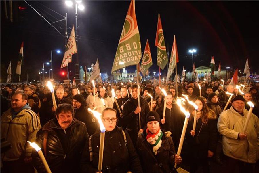 Jobbik Stages Demonstration At Fidesz Headquarters