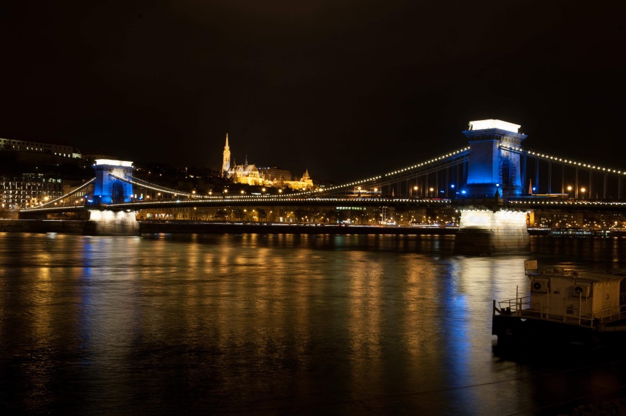 Blue & White Coloured Chain Bridge In Budapest To Celebrate St Andrew’s Day