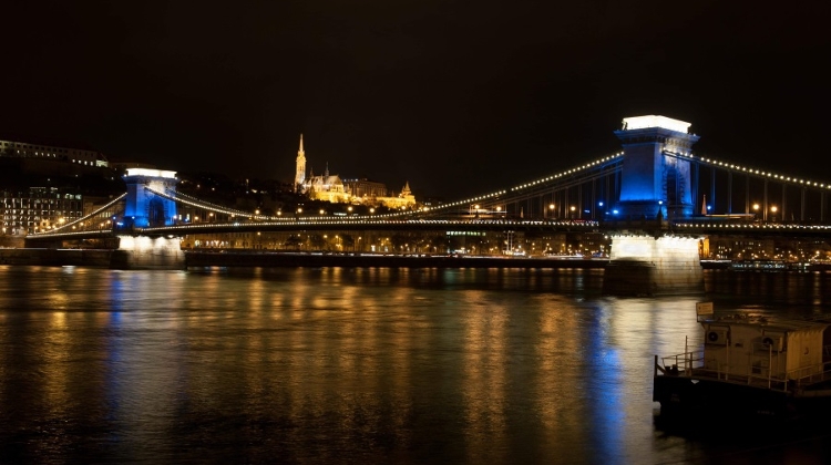 Blue & White Coloured Chain Bridge In Budapest To Celebrate St Andrew’s Day