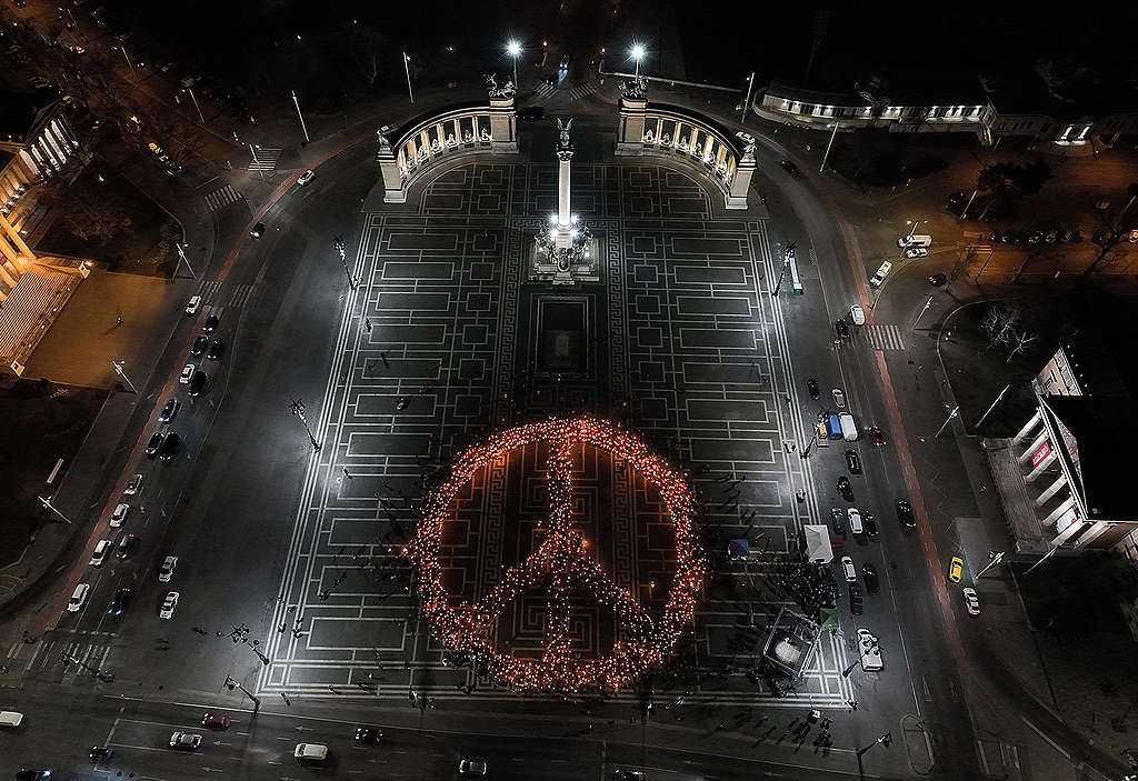 Watch: People of Budapest Form Giant Peace Sign for Ukraine