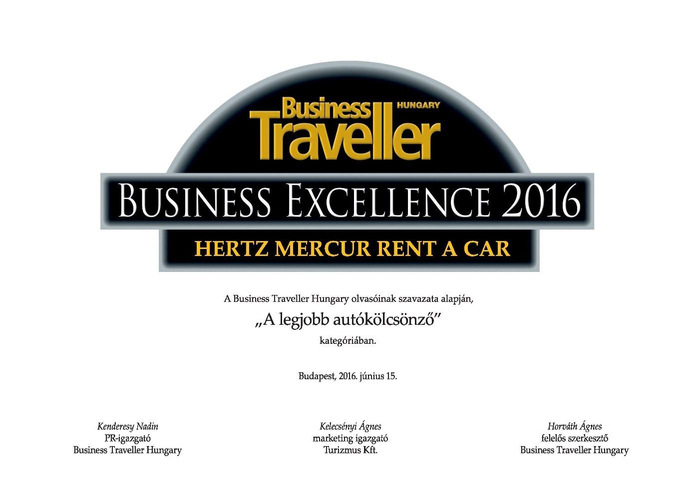 Hungarian Business Excellence Award For Hertz Rent A Car